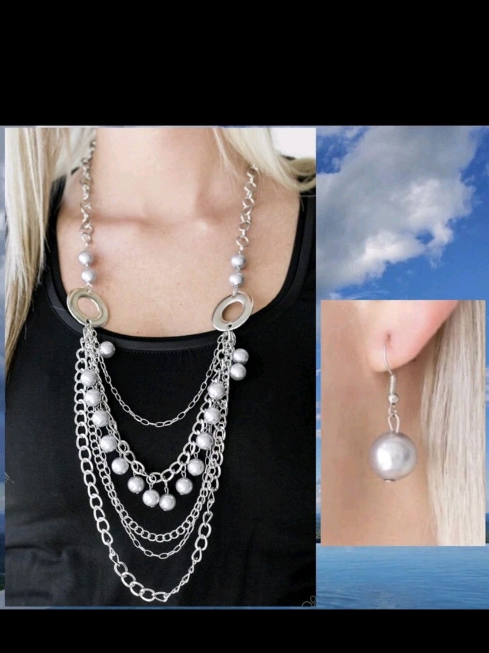 paparazzi Silver Layered Pearl Ball Necklace and Drop Earrings